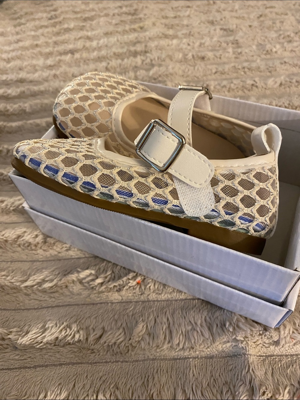 Girls White Mesh Mary Jane with Buckle Strap - Comfortable Dress Shoe